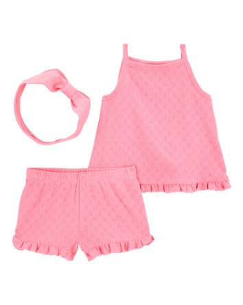 Baby Girl 3-Piece Pointelle Heart Outfit Set - Pink, 