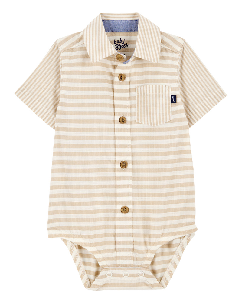 Baby Boy Striped Button-Front Short-Sleeve Bodysuit - Tan, image 1 of 3 slides