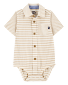 Baby Boy Striped Button-Front Short-Sleeve Bodysuit - Tan, image 1 of 3 slides