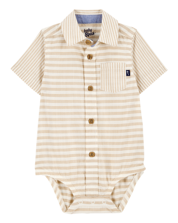 Baby Boy Striped Button-Front Short-Sleeve Bodysuit - Tan, 