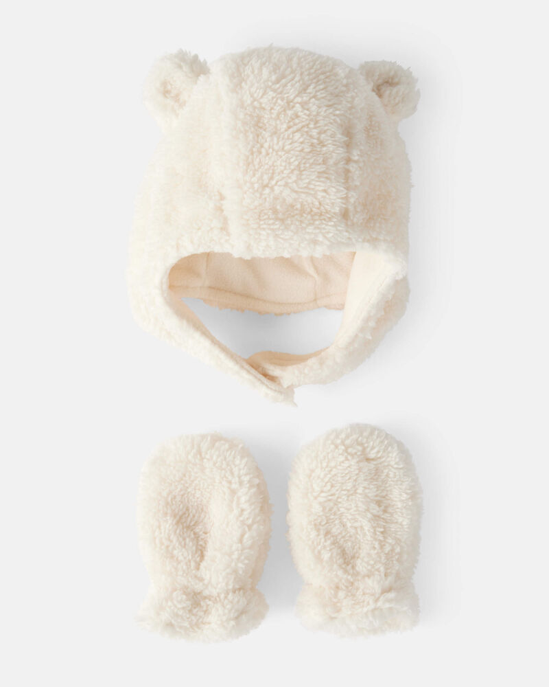 Baby Girl Sherpa Winter Hat & Mittens Set - White, image 1 of 3 slides