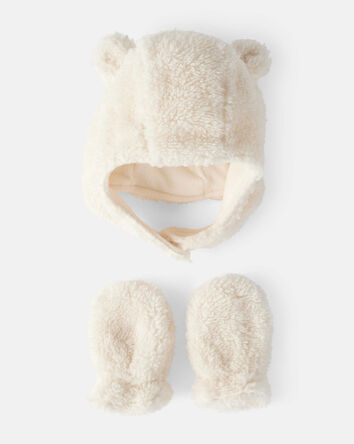 Baby Girl Sherpa Winter Hat & Mittens Set - White, 