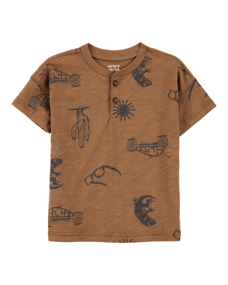 Toddler Desert Print Henley - Brown, image 1 of 3 slides