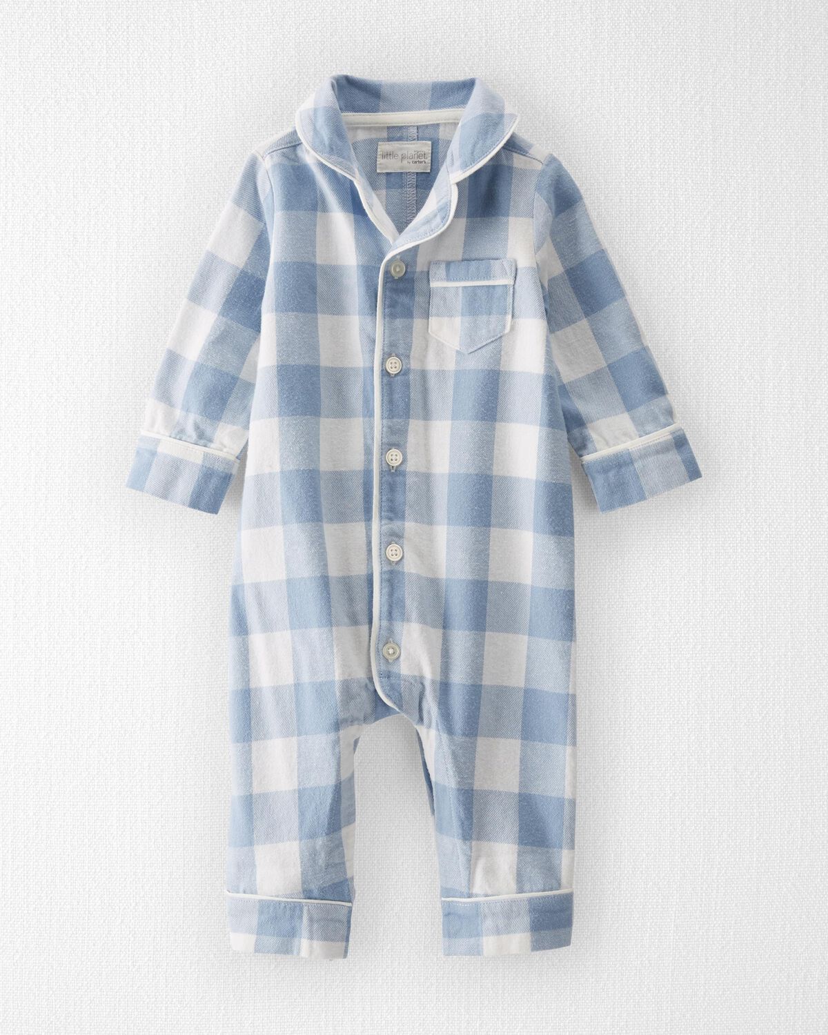 Blue Plaid Baby 1Piece Organic Cotton Coat Style Pajamas