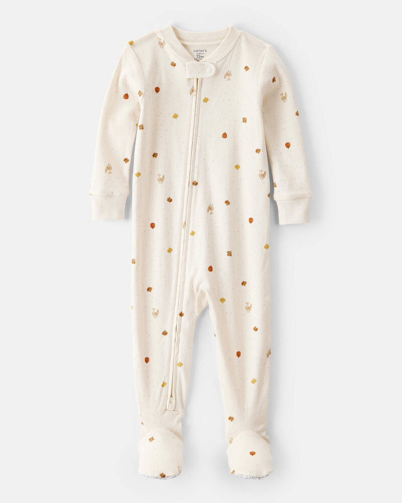 Toddler Thanksgiving Print 100% Cotton Long-Sleeve 2-Way Zip Footed 1-Piece Pajamas - White, image 1 of 4 slides