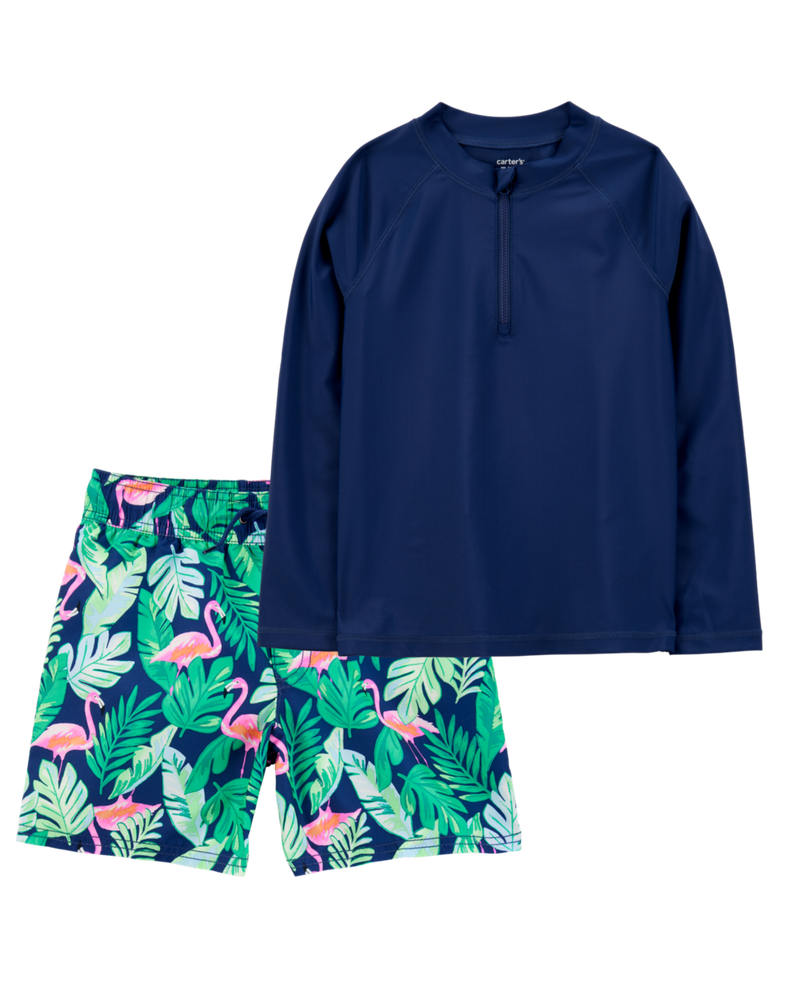 Kid 2-Piece Tropical Rashguard & Swim Trunk Set, image 1 of 6 slides
