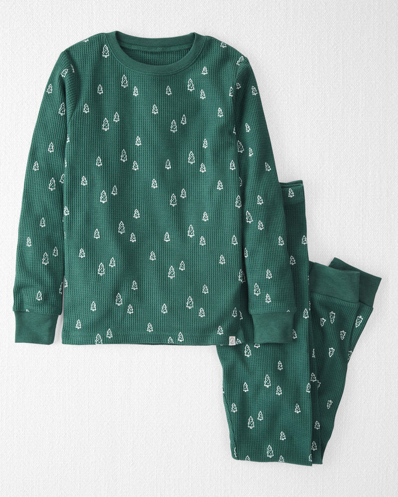 Kid Waffle Knit Pajamas Set Made with Organic Cotton in Evergreen Trees, image 1 of 4 slides