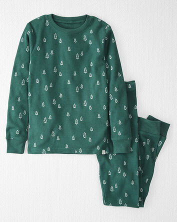 Kid Waffle Knit Pajamas Set Made with Organic Cotton in Evergreen Trees, 
