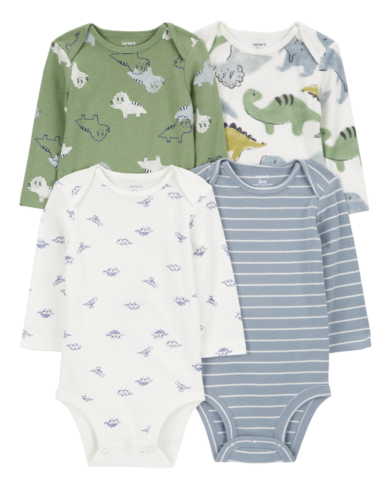 Baby 4-Pack Long-Sleeve Dinosaur Bodysuits, image 1 of 7 slides