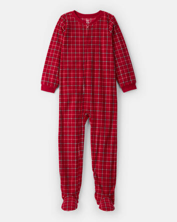 Boys Plaid Print Fleece Long-Sleeve Loose Fit 1-Piece Pajamas - Red, 