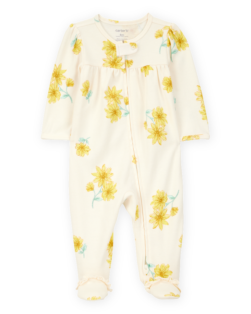 Baby Girl Floral Print 2-Way Zip Cotton Sleep & Play Pajamas - Cream, image 1 of 3 slides