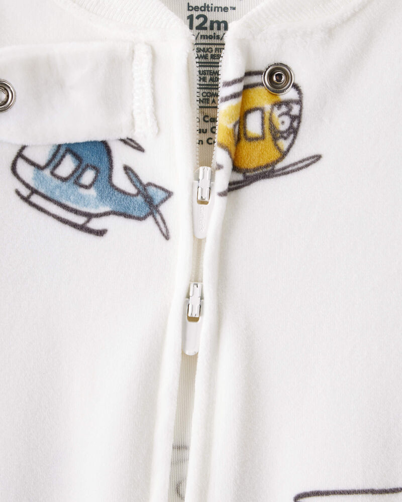 Baby Boy Helicopter Print Snug Fit Long-Sleeve 2-Way Zip 1-Piece Pajamas - White, image 2 of 4 slides