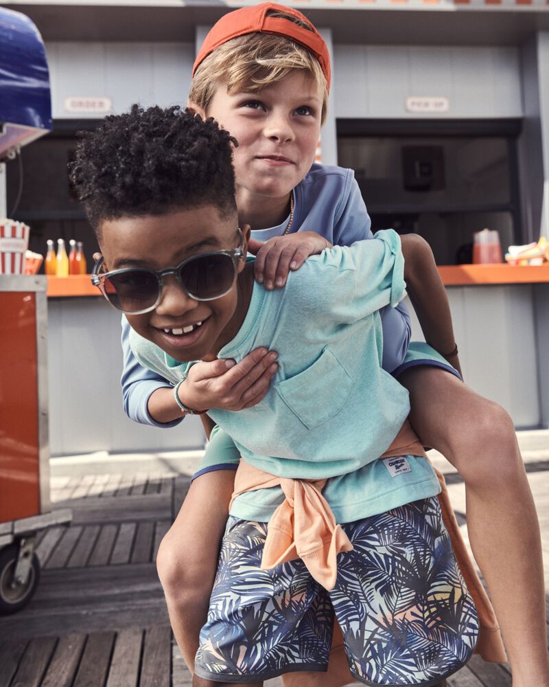 Kid 2-Piece Tropical Print Short-Sleeve Rashguard & Swim Trunks Set - Oragne/Grey, image 7 of 7 slides