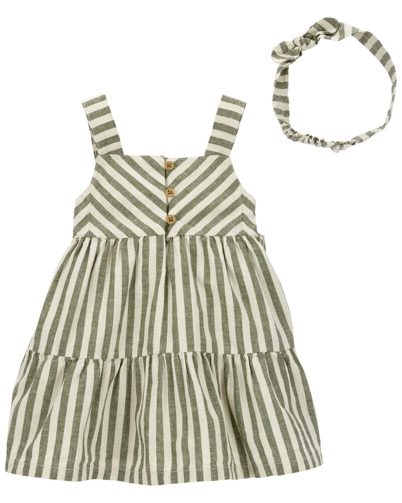 Baby 2-Piece Striped Linen Dress & Headwrap Set, image 1 of 6 slides