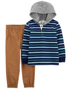 Toddler 2-Piece Striped Hooded Tee & Canvas Pant Set, image 1 of 3 slides
