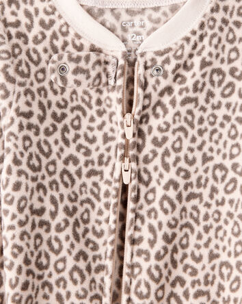 Baby Girl Leopard Print Fleece Long-Sleeve Loose Fit 1-Piece Pajamas, 