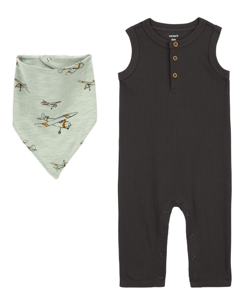Baby 2-Piece Drop Needle Jumpsuit & Bandana Bib Set, image 1 of 3 slides