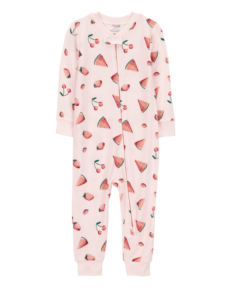 Toddler Fruit Print Zip-Up PurelySoft Footless 1-Piece Pajamas - Pink, image 1 of 5 slides