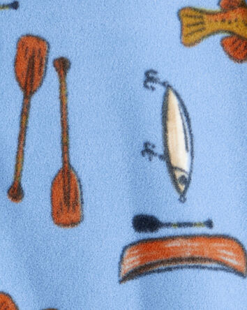 Kid 1-Piece Fishing Print Fleece Footie Pajamas - Blue, 