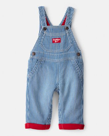 Baby Hickory Stripe Knit-Like Denim Overalls - Blue/Ivory, 