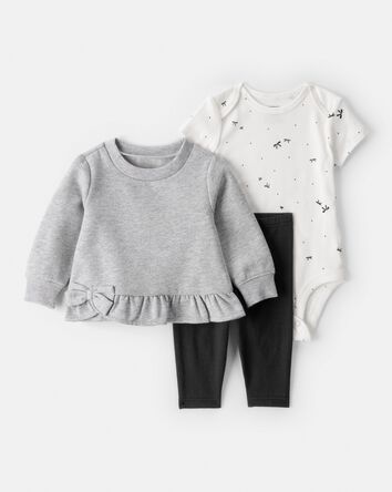 Baby Girl 3-Piece DayDream Fleece Bow Long-Sleeve Bodysuit & Pant Set, 