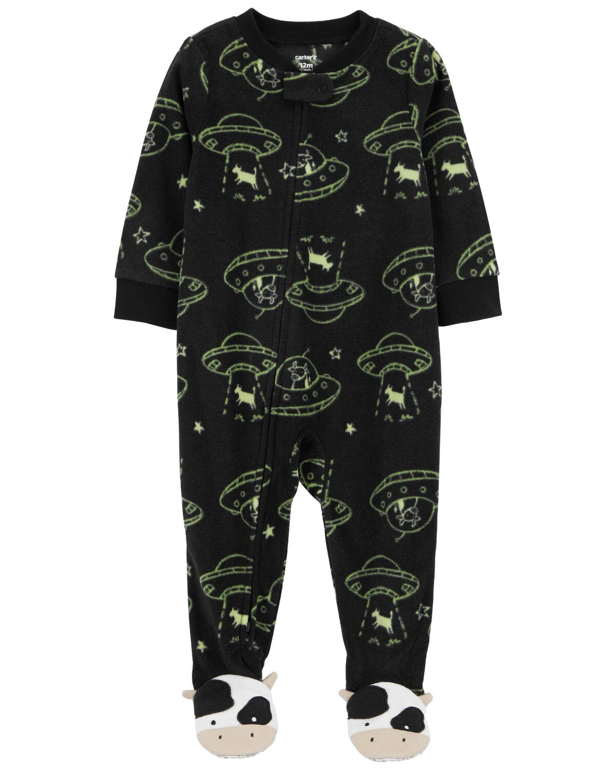 Green Toddler 1Piece Space Cow Fleece Footie Pajamas