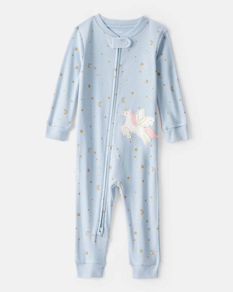 Toddler Girl Unicorn Star Print 100% Cotton Long-Sleeve 2-Way Zip 1-Piece Pajamas - Blue, image 1 of 4 slides