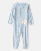 Toddler Girl Unicorn Star Print 100% Cotton Long-Sleeve 2-Way Zip 1-Piece Pajamas - Blue, image 1 of 4 slides