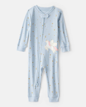 Toddler Girl Unicorn Star Print 100% Cotton Long-Sleeve 2-Way Zip 1-Piece Pajamas - Blue, 