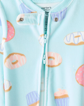 Toddler Girl Donuts Print Velour Long-Sleeve Loose Fit 1-Piece Pajamas - Blue, 