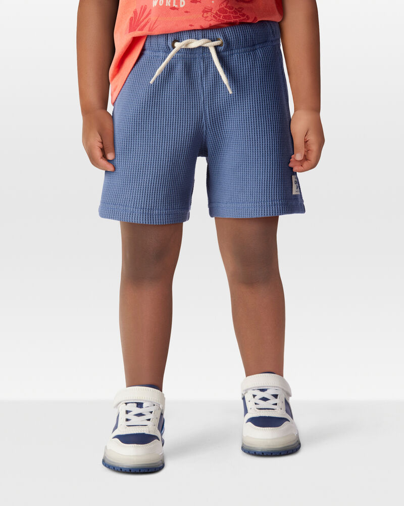 Toddler 2-Piece Waffle Knit Hooded Pullover & Drawsting Shorts Set - Blue, image 8 of 9 slides