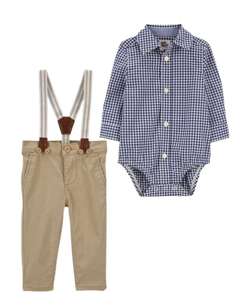 Baby 2-Piece Plaid Button-Front Bodysuit & Suspenders Pants Set, image 1 of 1 slides