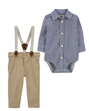 Baby 2-Piece Plaid Button-Front Bodysuit & Suspenders Pants Set, 