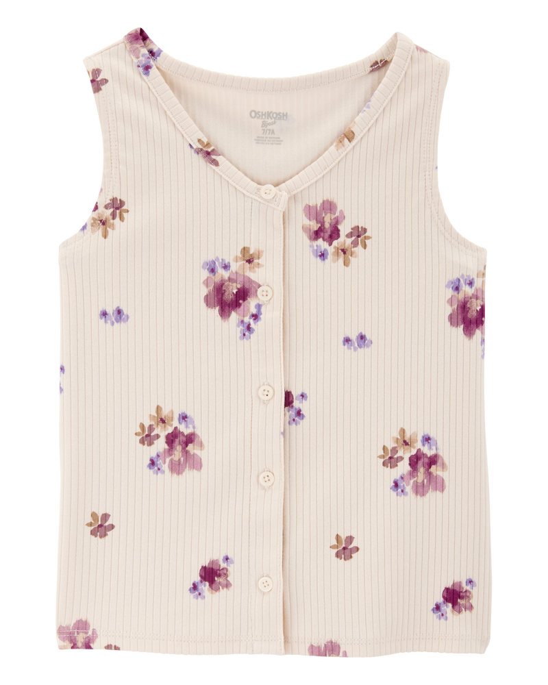Kid 2-Piece Floral Button-Down Ribbed Tank Top & Drawstring Pants Set - Pink/Ivory, image 3 of 7 slides