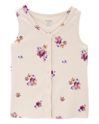 Kid 2-Piece Floral Button-Down Ribbed Tank Top & Drawstring Pants Set - Pink/Ivory, image 3 of 7 slides