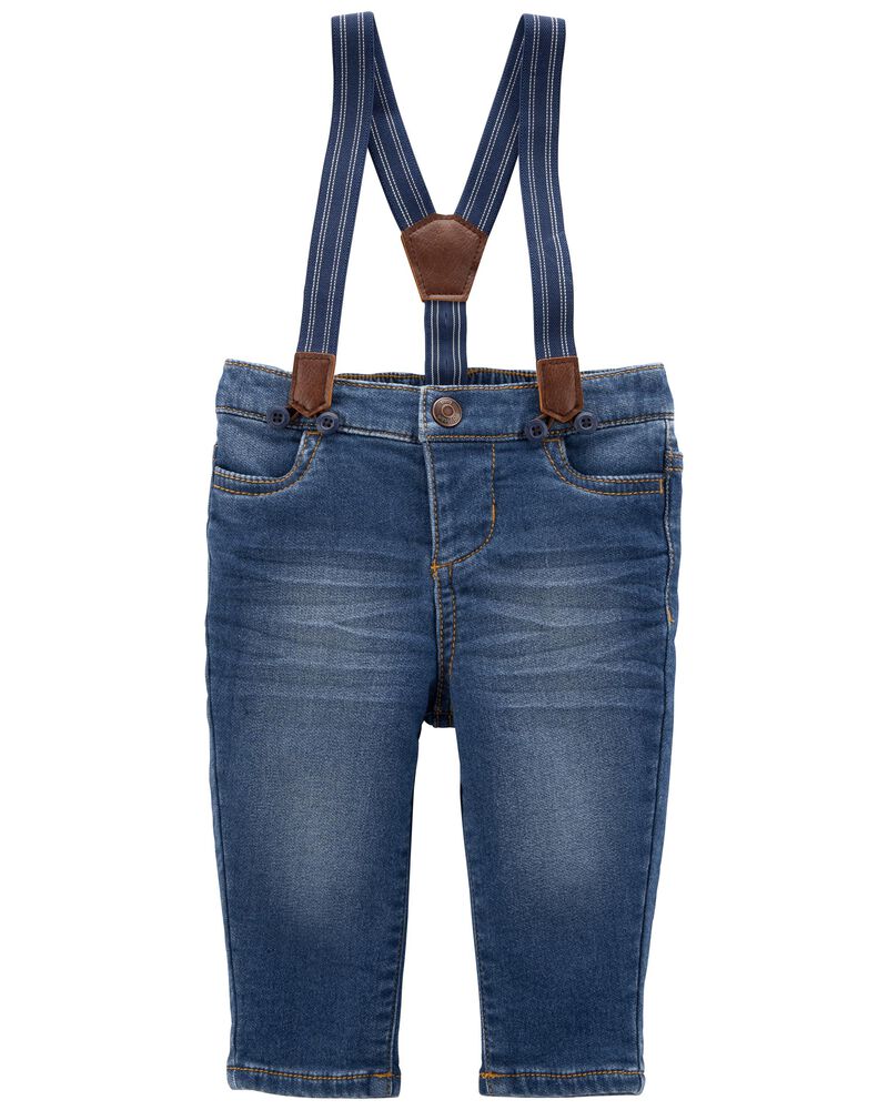 Baby Knit-Like Denim Suspender Pants, image 1 of 3 slides
