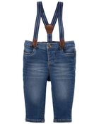 Baby Knit-Like Denim Suspender Pants, image 1 of 3 slides