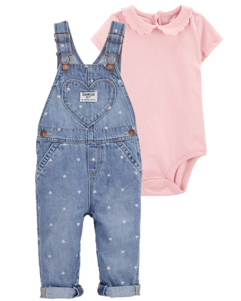 Baby 2-Piece Peter Pan Collar Bodysuit & Denim Overalls Set, image 1 of 1 slides