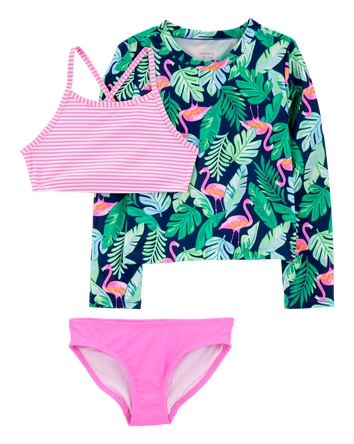 Girls 3-Piece Tropical Flamingo Print Rashguard Swim Set, 