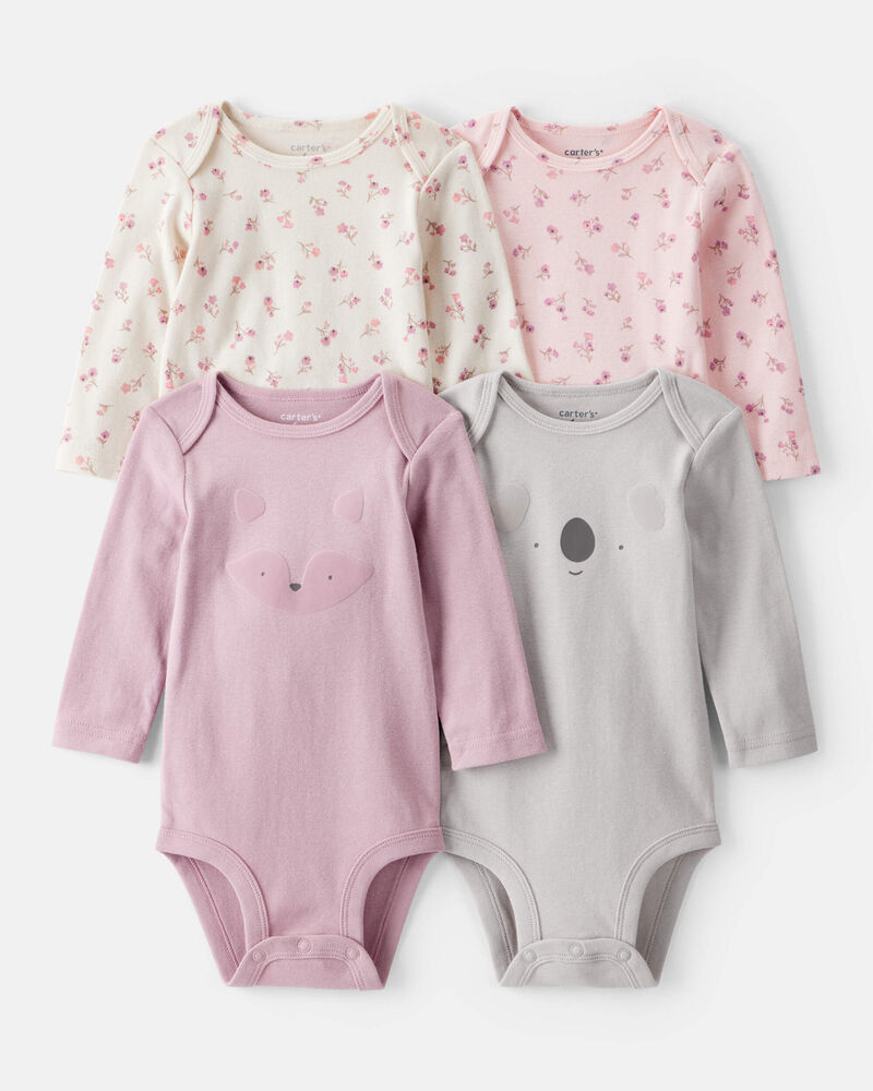 Baby Girl 4-Pack Koala Print Cotton Long-Sleeve Multipack Bodysuits - Purple/White/Pink, image 1 of 6 slides
