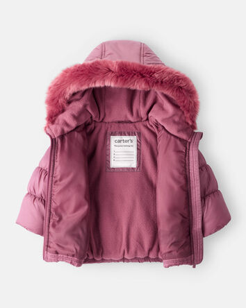 Baby Girl Hooded Puffer Jacket - Burgundy, 