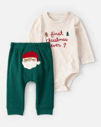 Baby 2-Piece My First Christmas Long-Sleeve Bodysuit & Pant Set - Cream/Green, 
