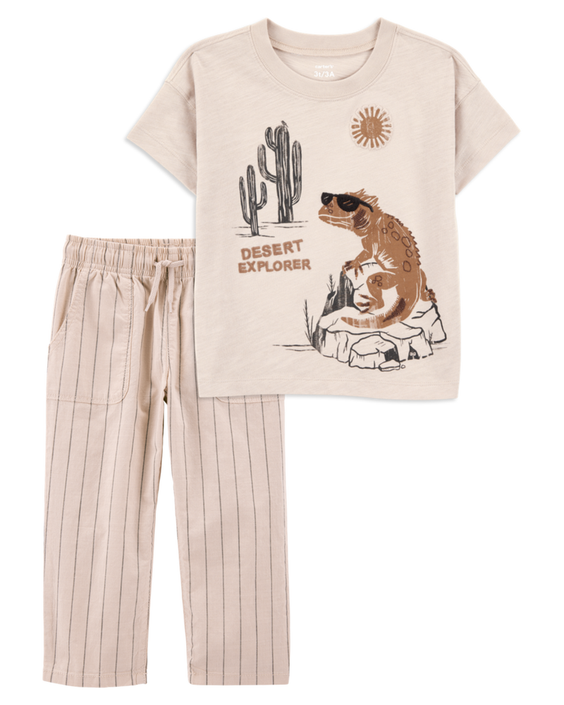 Toddler 2-Piece Desert Lizard Graphic Tee & Striped Pants Set - Ivory/Tan, image 1 of 9 slides