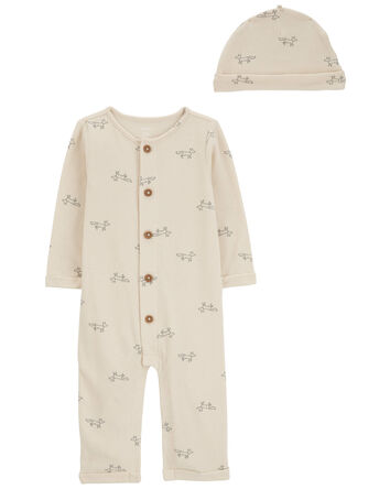 Baby 2-Piece  Button Jumpsuit & Cap Set, 