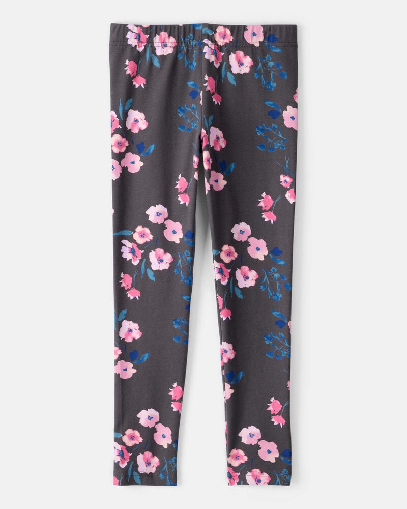 Girls Floral Cotton Pull-On Stretch Leggings - Black, image 2 of 4 slides