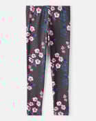 Girls Floral Cotton Pull-On Stretch Leggings - Black, image 2 of 4 slides