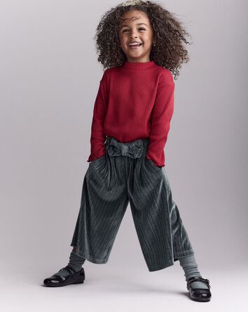 Toddler Girl Velvety Wide-Leg Pant with Bow - Dark Green, 