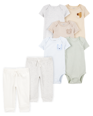 Baby 7-Piece Animals Short-Sleeve Bodysuits & Pull-On Pants Set, 