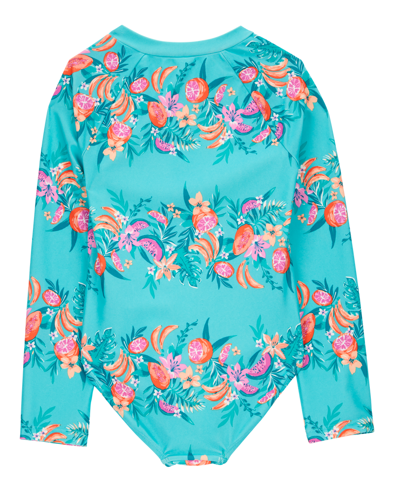 Girls 1-Piece Floral Print Rashguard Swimsuit - Turquoise, image 2 of 4 slides