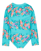 Girls 1-Piece Floral Print Rashguard Swimsuit - Turquoise, image 2 of 4 slides